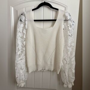 VICI Dear To My Heart Knit Crochet Lace Sleeve Top - White - Large